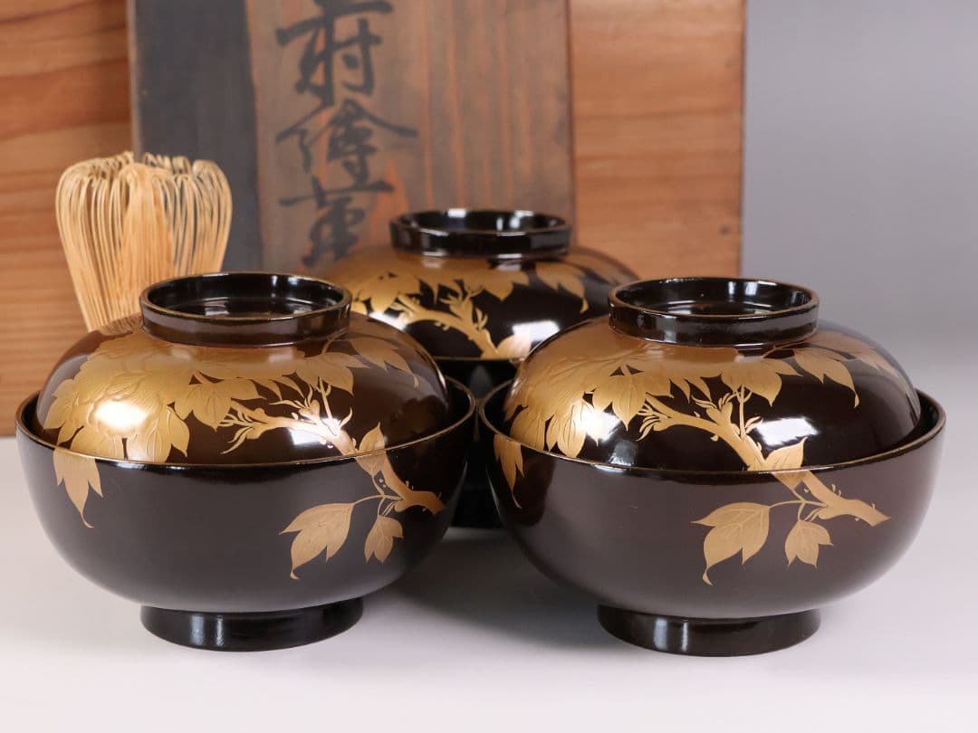 【CM415】訳あり 時代輪島 蝶と牡丹 黒塗椀 三客 天然木漆塗 明治大正