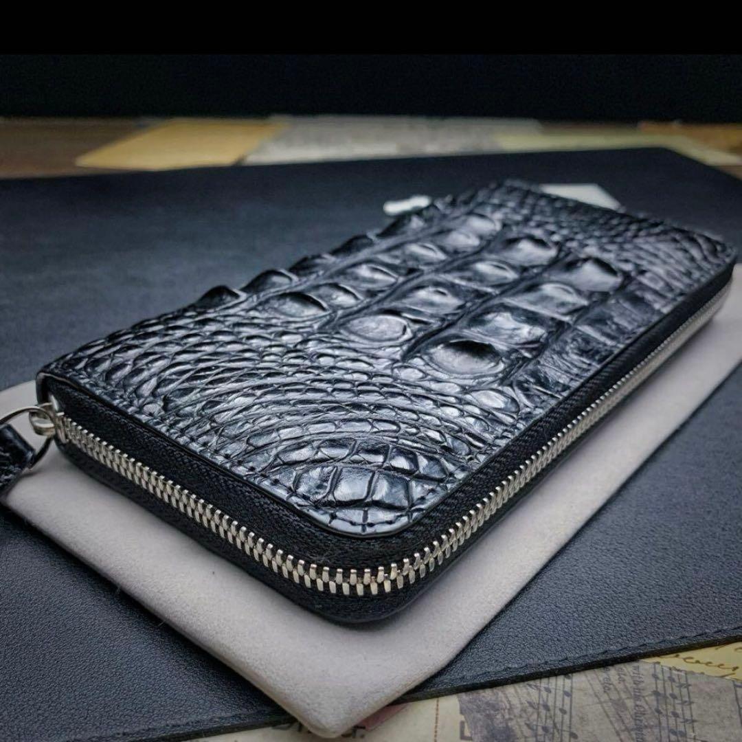 新品 クロコダイル ラウンドファスナー メンズ 長財布 背中革 綺麗黒 財布