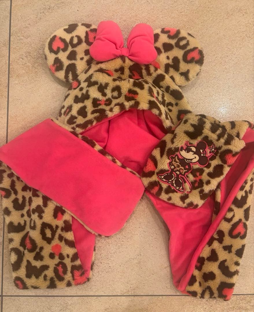ヒョウ柄 ミニーちゃん ファンキャップ マフラー ピンク ディズニー Disney マフラーキャップ ディズニー ミニー ヒョウ柄 マフラー ファン