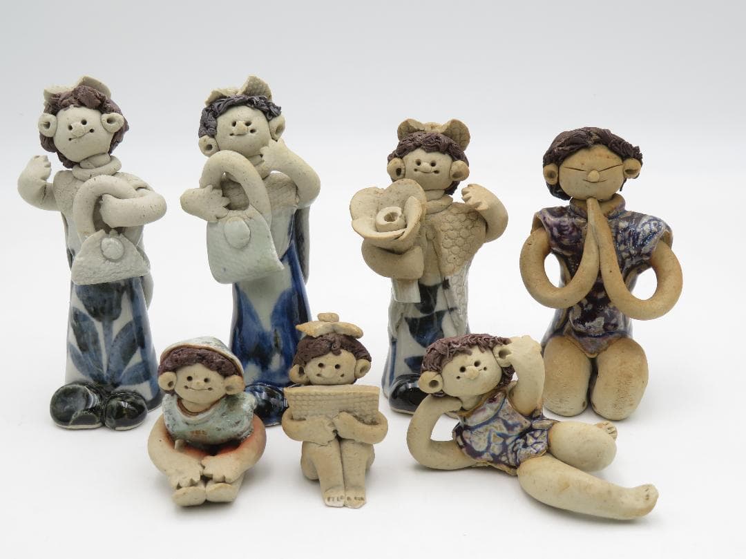 青芳人形 7点セット 陶器人形 森元青芳 砥部焼 オブジェ 置物 インテリア