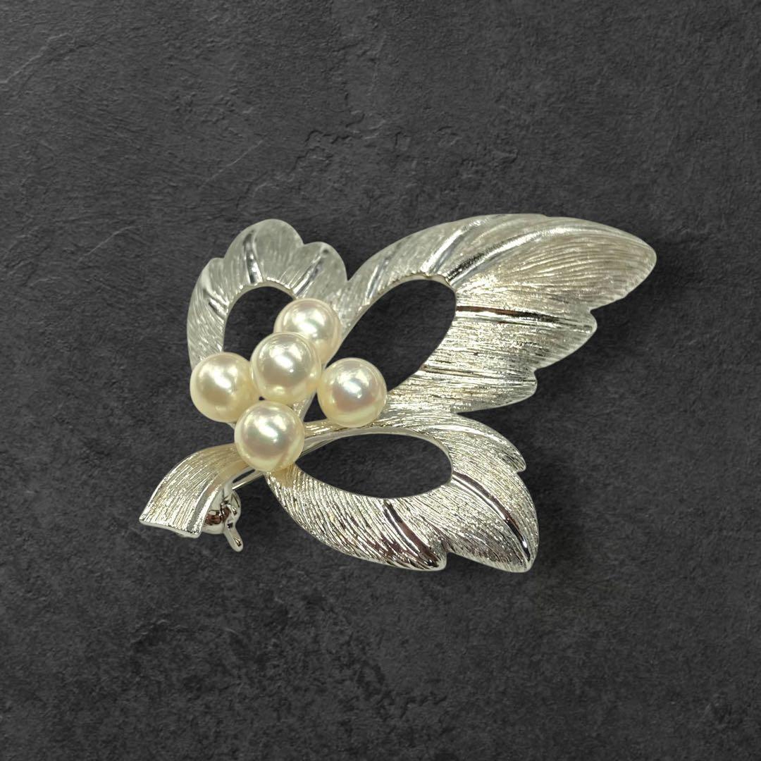 ミキモト ブローチ アコヤ 本真珠 約7mm 5粒リーフモチーフ パール 287