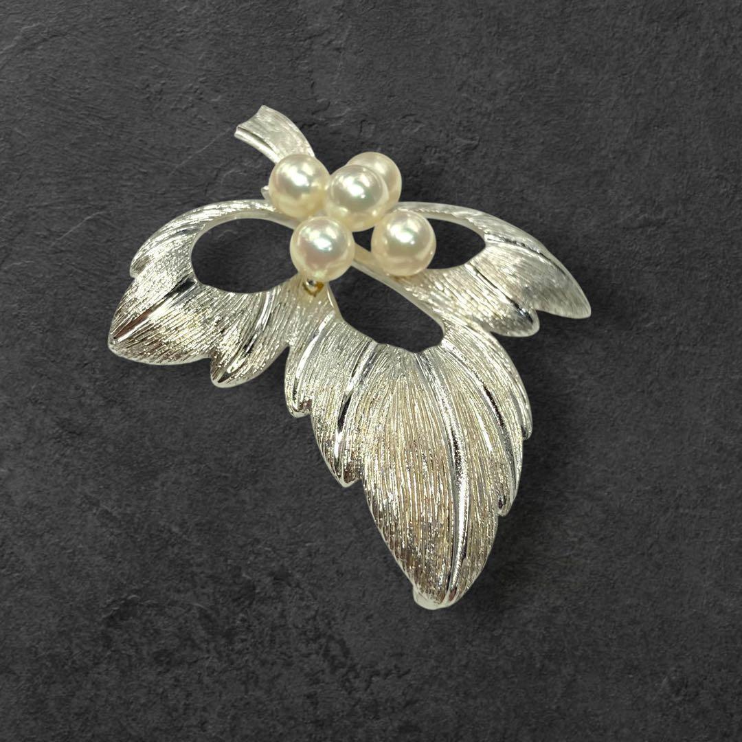 ミキモト ブローチ アコヤ 本真珠 約7mm 5粒リーフモチーフ パール 287