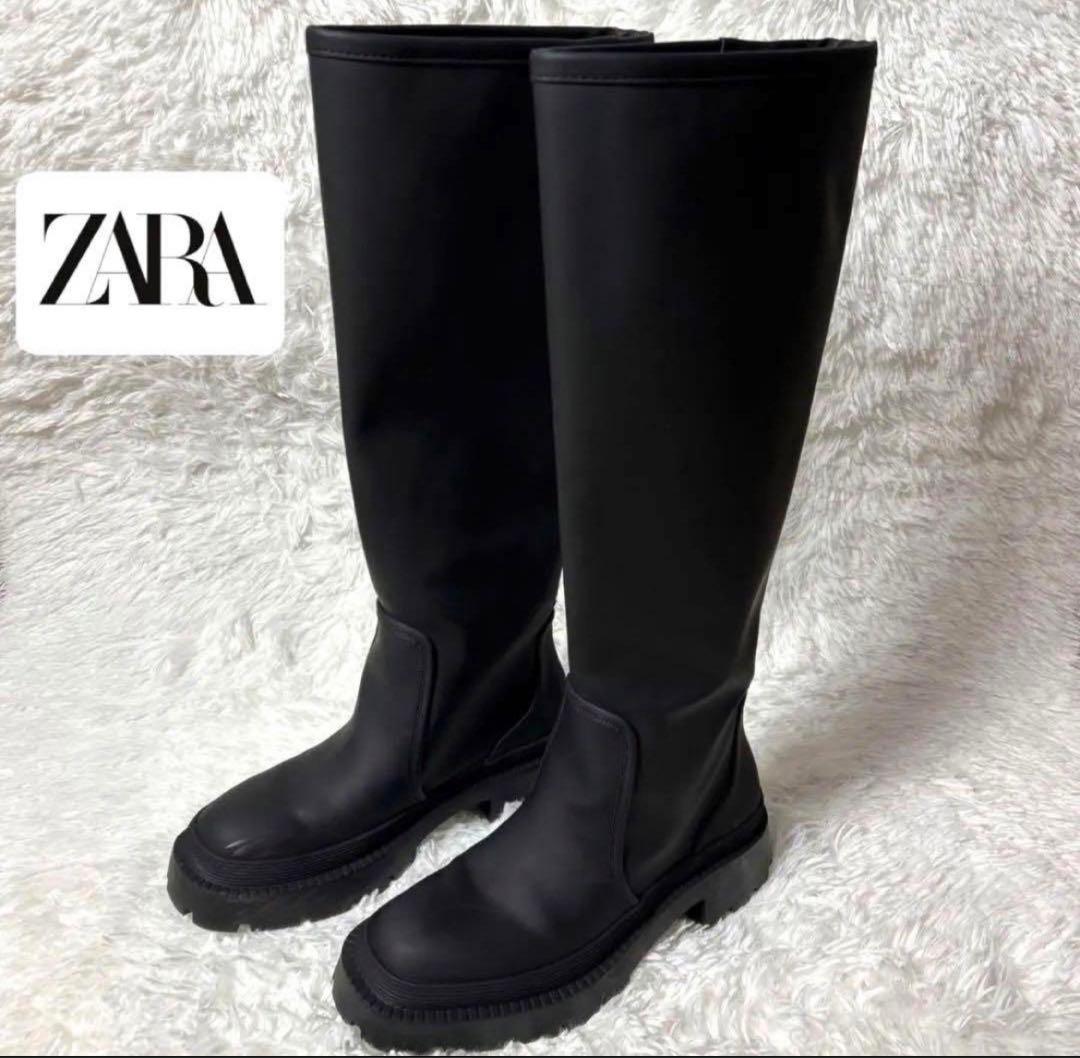 ZARA】ラバーフラットロングブーツ 37 24cm ブラック - メルカリ