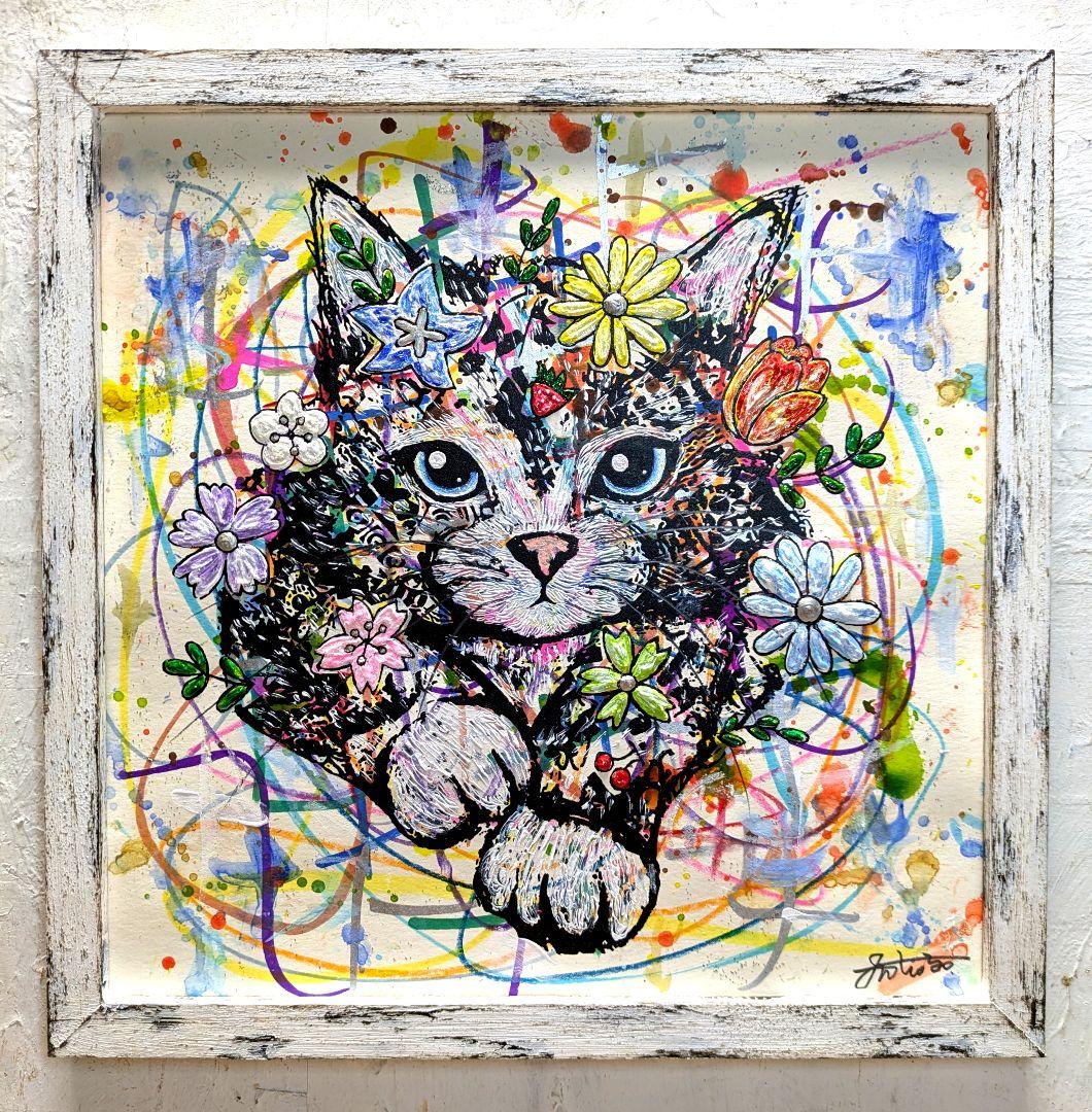 手作り額付き作品　title「へいお待ちニャンコ」