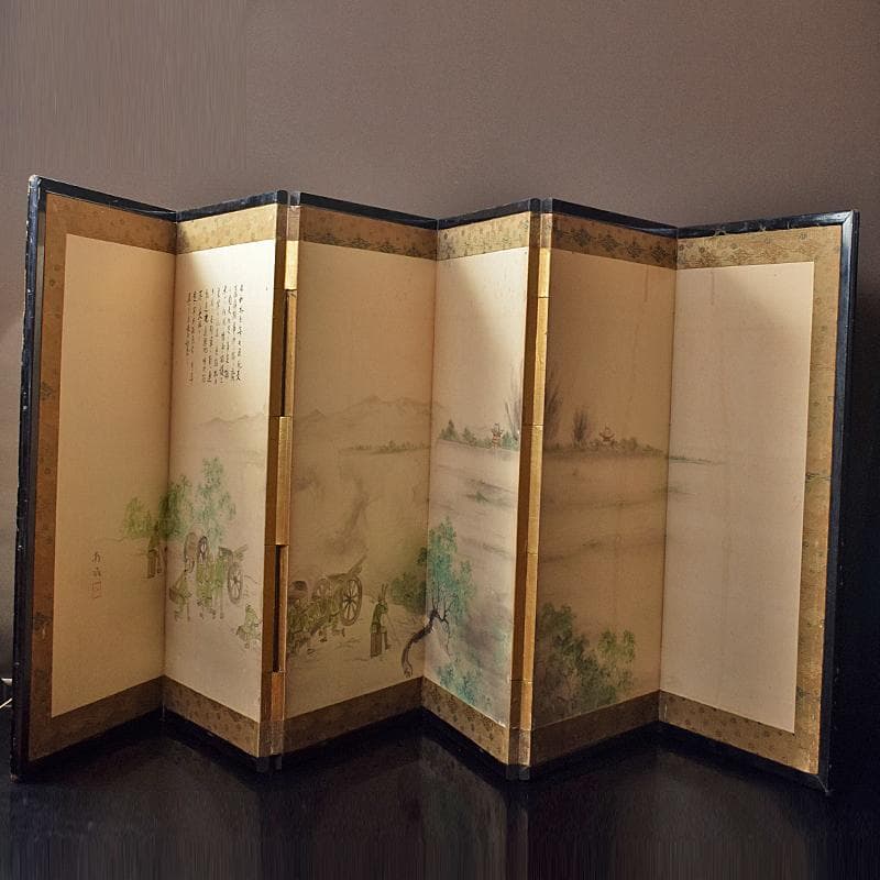 書画　支那事変　野砲戦図　小屏風　衝立　M　R7573B