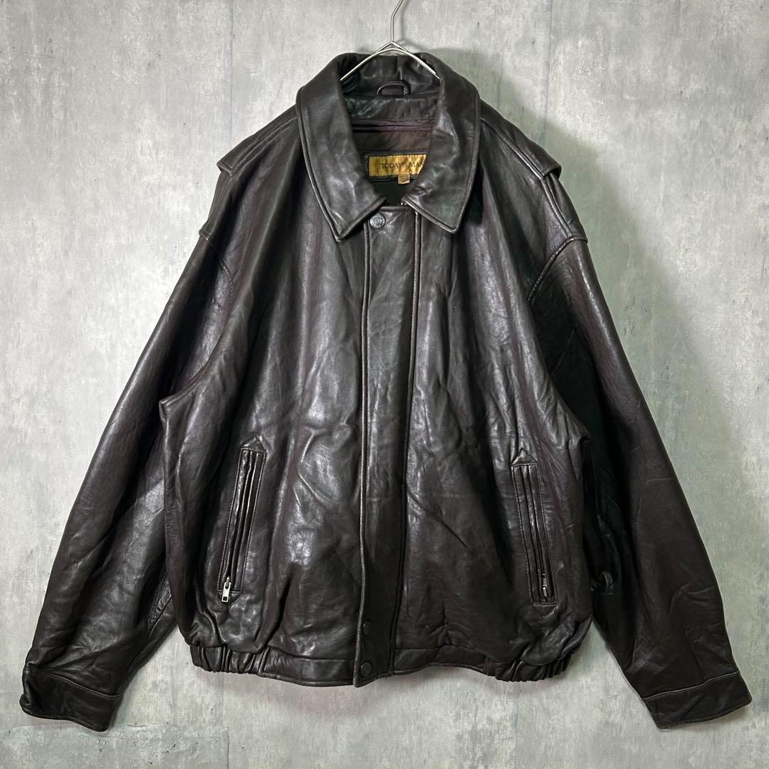ヴィンテージ レザー ジャケット 濃茶 短丈 中綿 ライナー XL