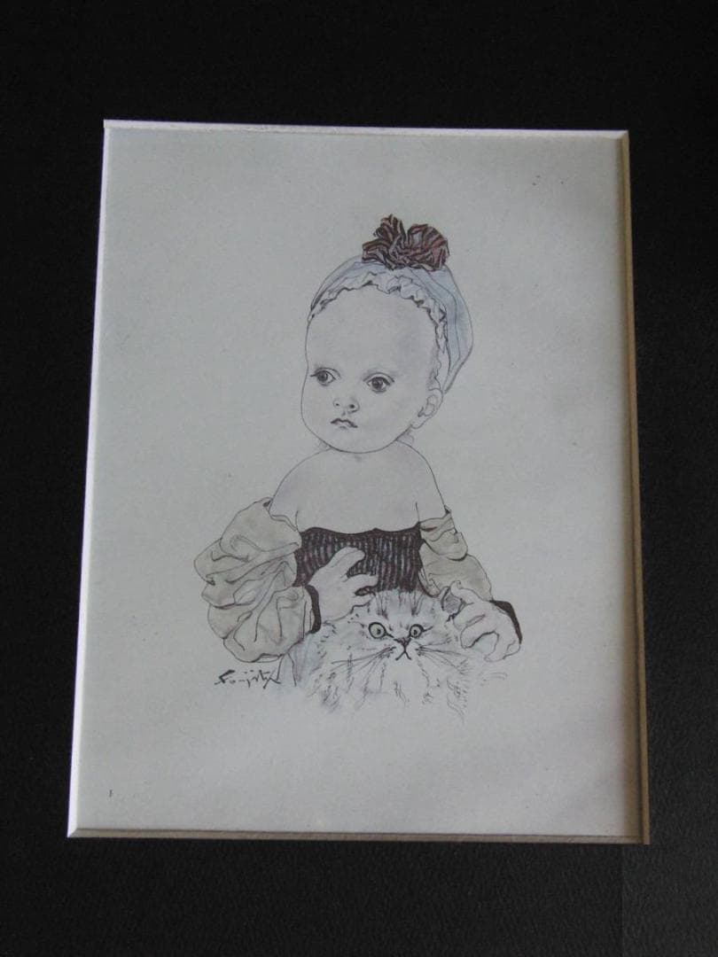 藤田嗣治、【Petite Fille au chat】希少な額装用画集より、厳選 レオナール・フジタ 藤田嗣治 『少女と猫』 1920年 ドライポイント