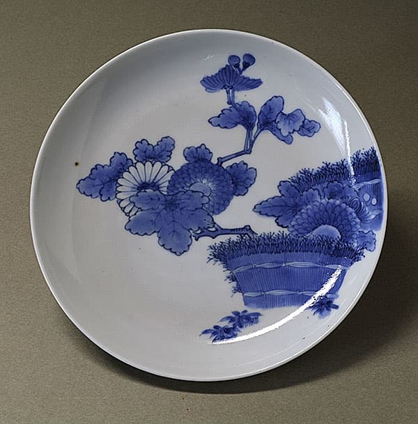 藍古九谷 柴垣に菊花の図 五寸皿
