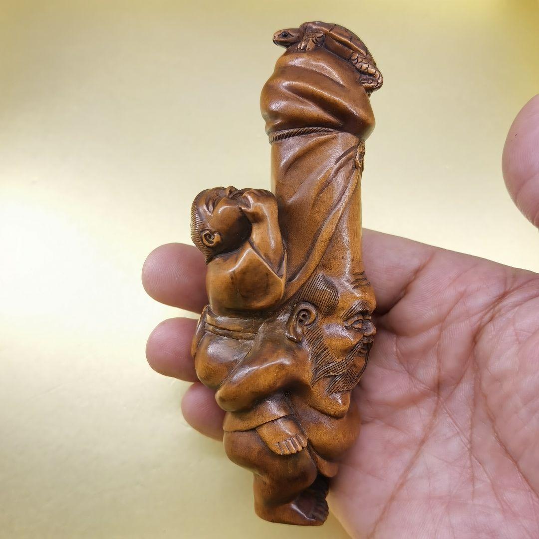 「草田雲非」《整理番号:BK051》 黄楊彫刻夫婦円満長寿ユーモア縁起置物