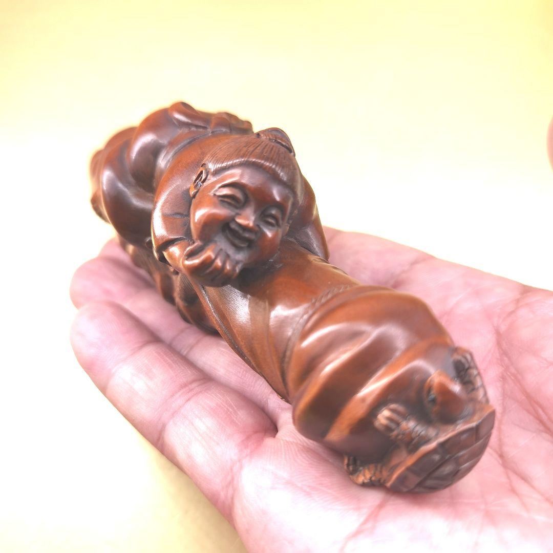 「草田雲非」《整理番号:BK051》 黄楊彫刻夫婦円満長寿ユーモア縁起置物