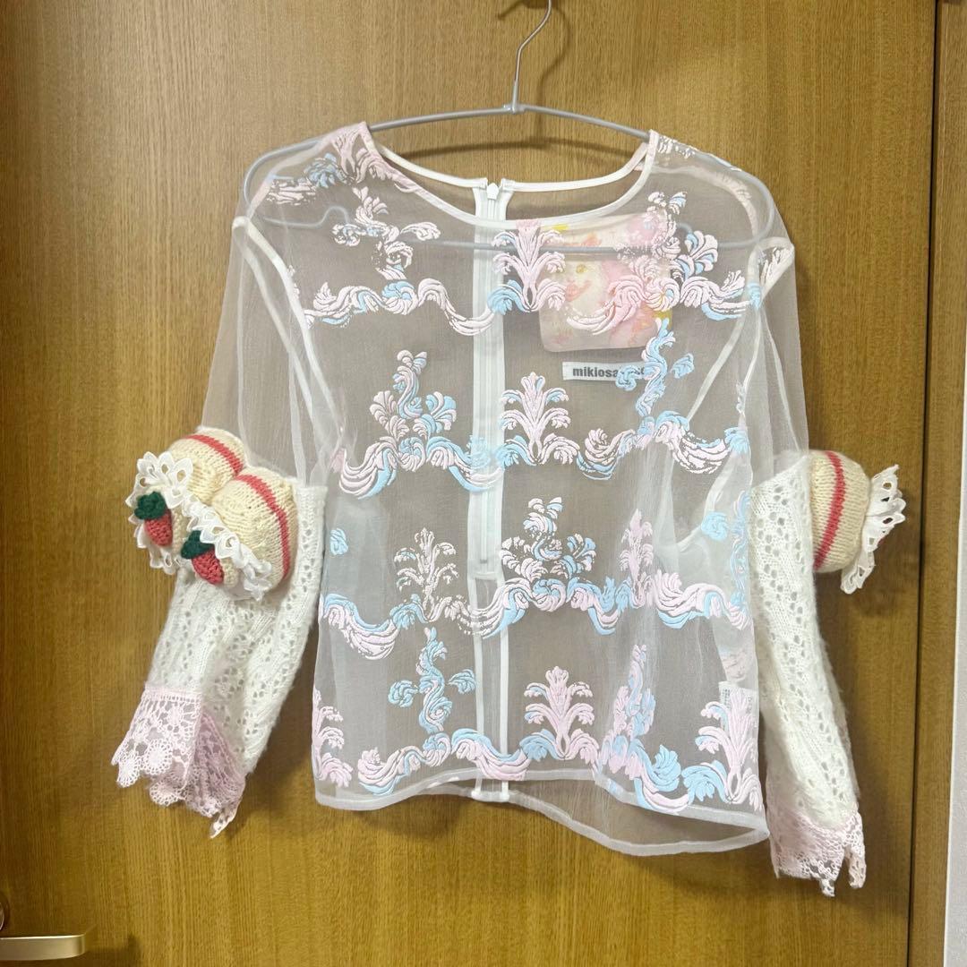 【新品・希少品】ミキオサカベ　生成りケーキニット　ピンクレース　幾何学模様　花柄