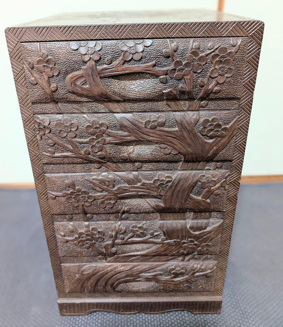 日光彫り木製 5段引き出し 小物収納