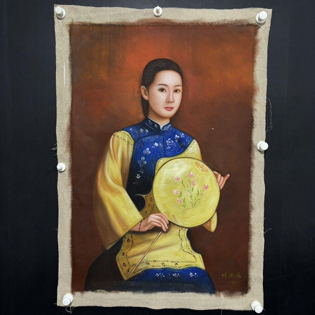 手描き 水彩油画 人物画 女性肖像 絵画 原画 約70×100cm