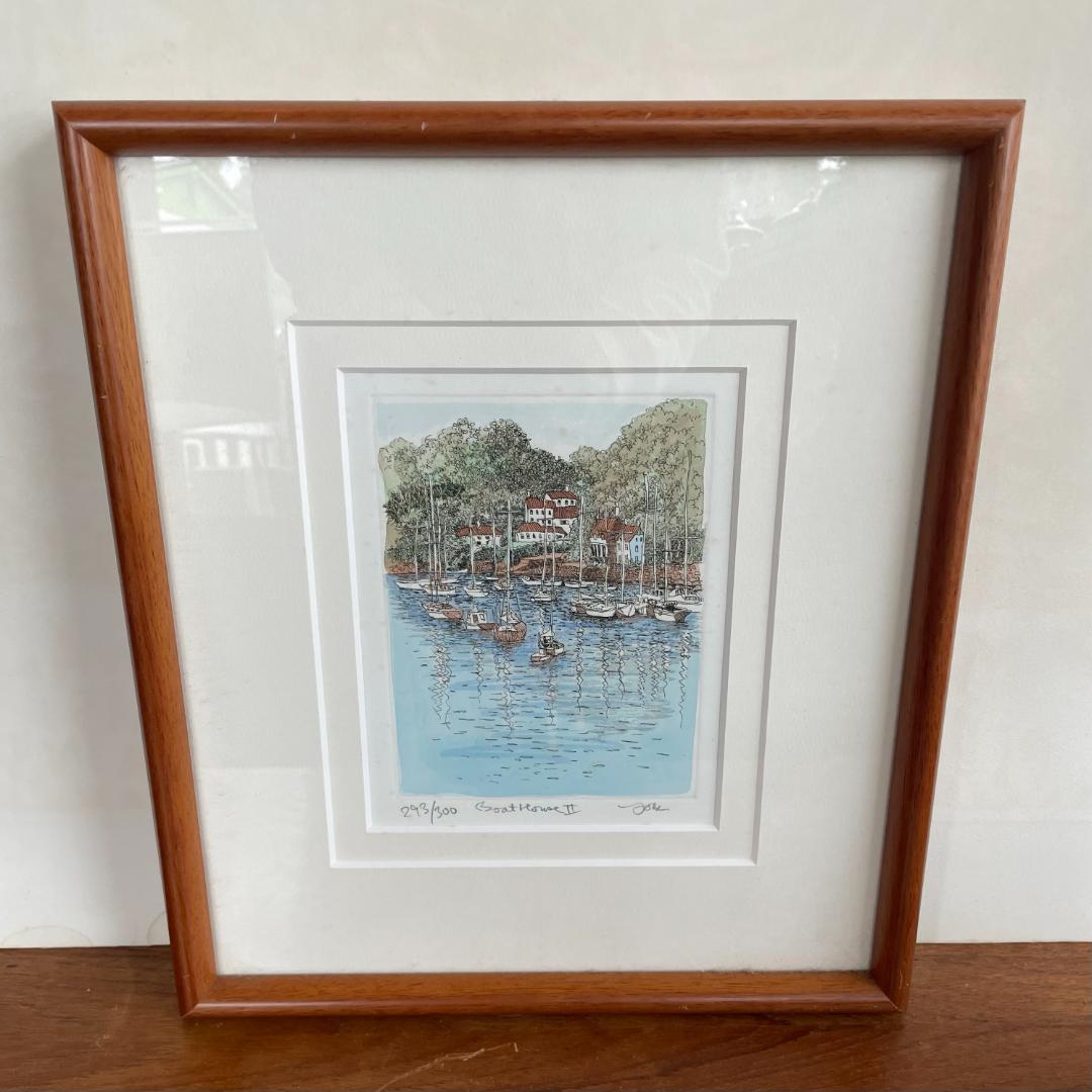 織田義郎 Boat House 直筆 サイン 銅版 エッチング 風景 額装 美品