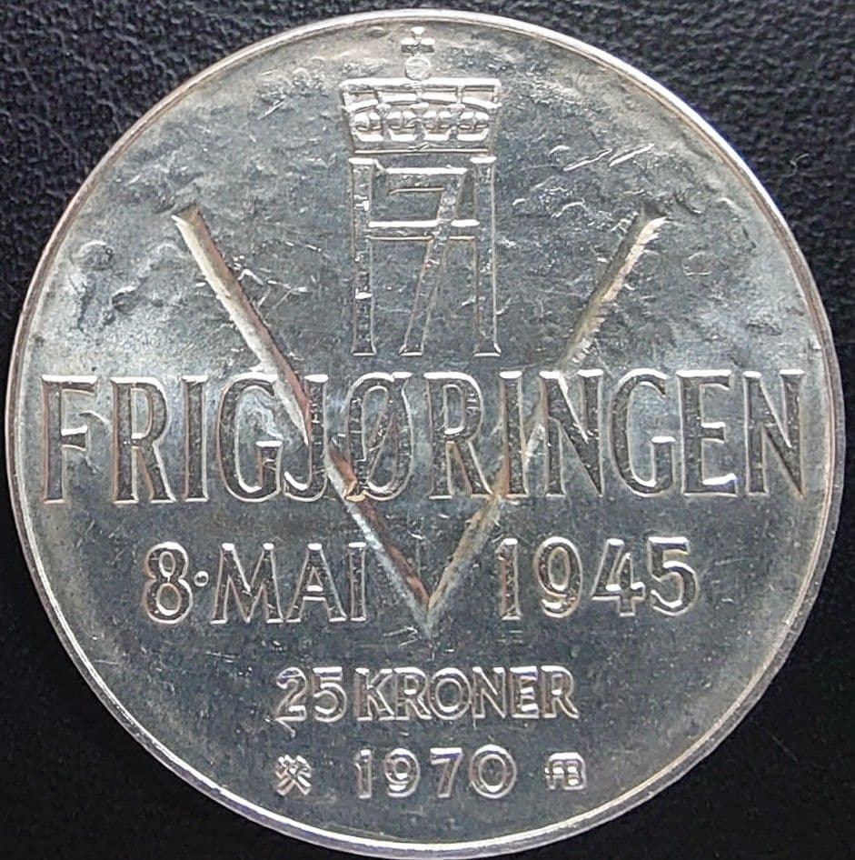 1970年 ノルウェー銀貨 25クローネ 開放25周年記念銀貨SV875大型銀貨