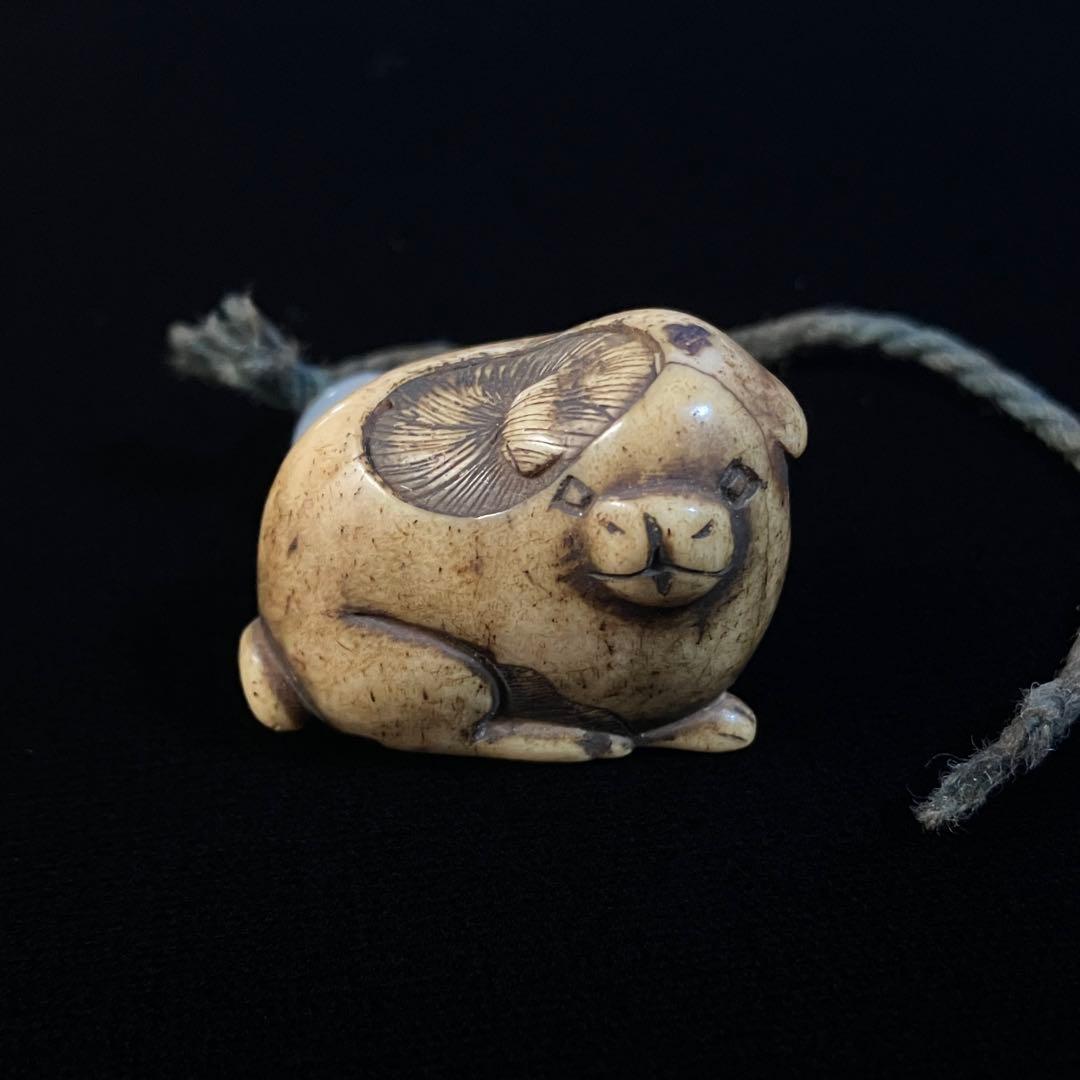 提げ物　根付　骨材　犬　天然素材　在銘　友一　彫刻 提げ物 根付 骨材 犬 天然素材 在銘 友一 彫刻 提げ物 根付 骨材 犬