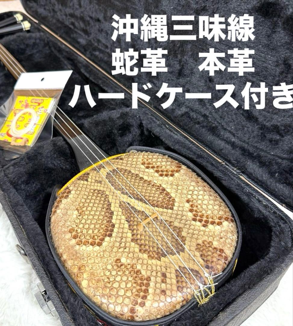 良品 沖縄 三線 本蛇皮 黒漆 三味線 爪 ケース 演奏可能　初心者　入門