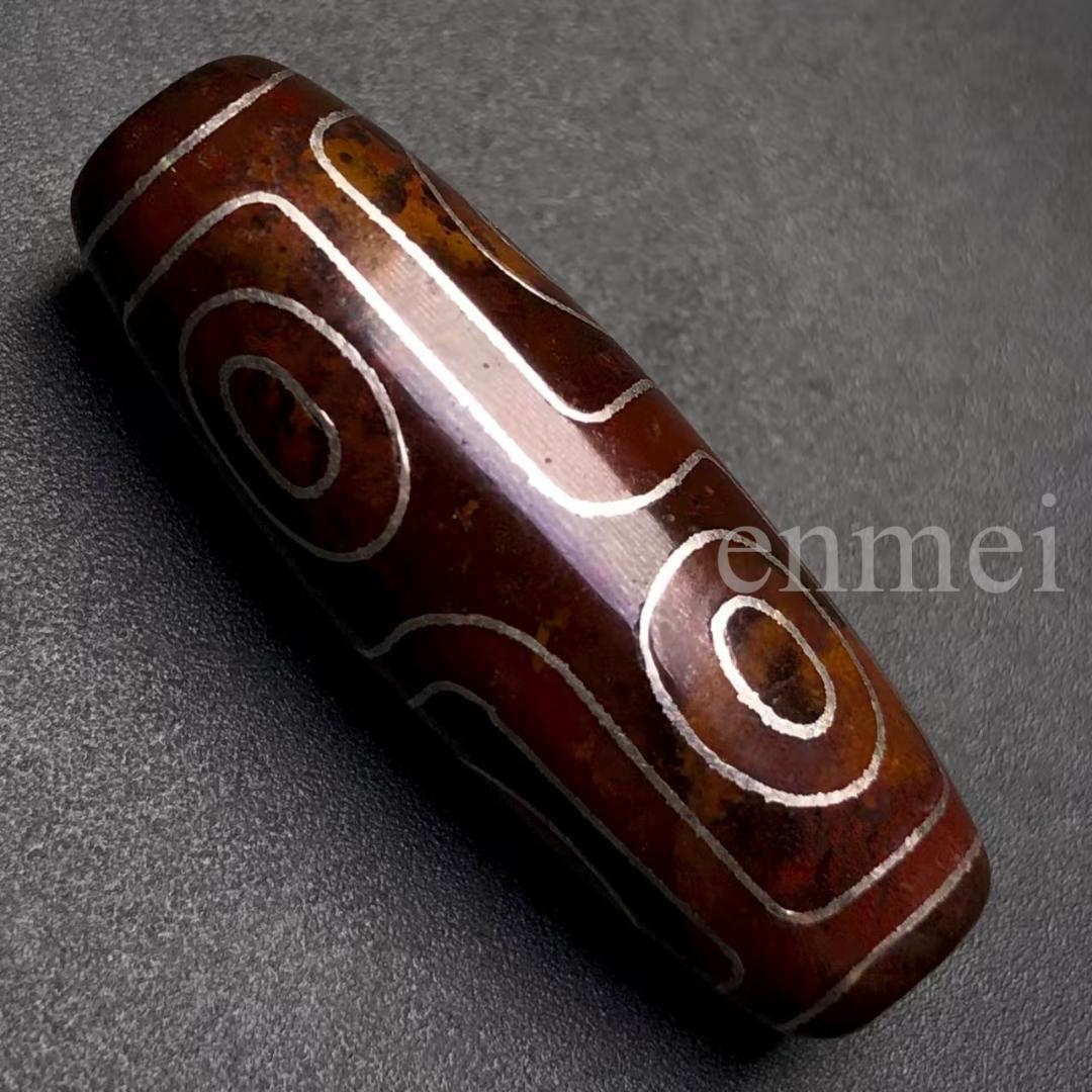 中国古美術・藏區回流・老料高油包漿・銀絲鑲嵌 六眼天珠 朱砂満点・西蔵工芸・瑪瑙