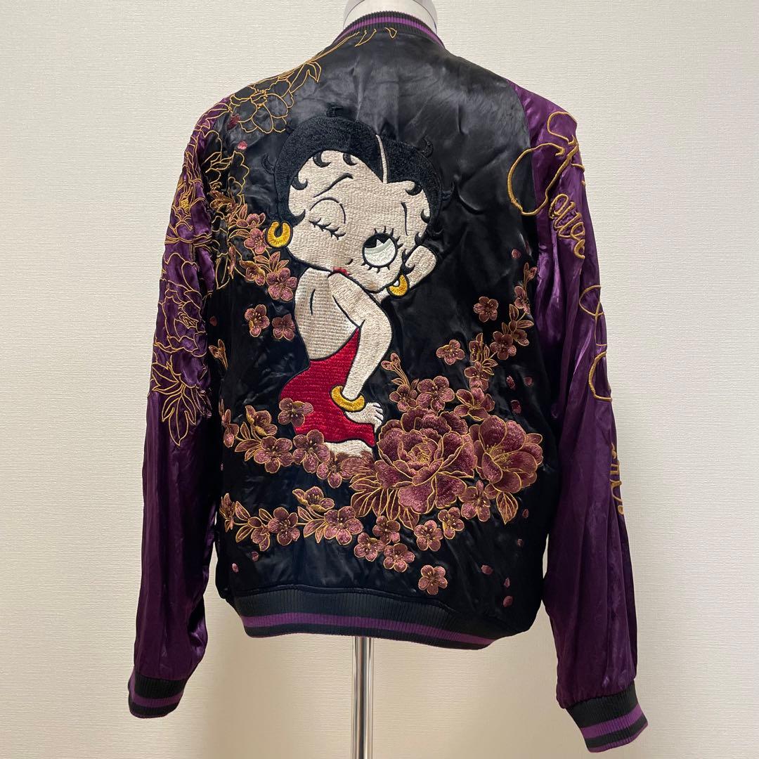 絡繰魂 × ベティブープ スカジャン リバーシブル 黒 紫 刺繍 XLサイズ