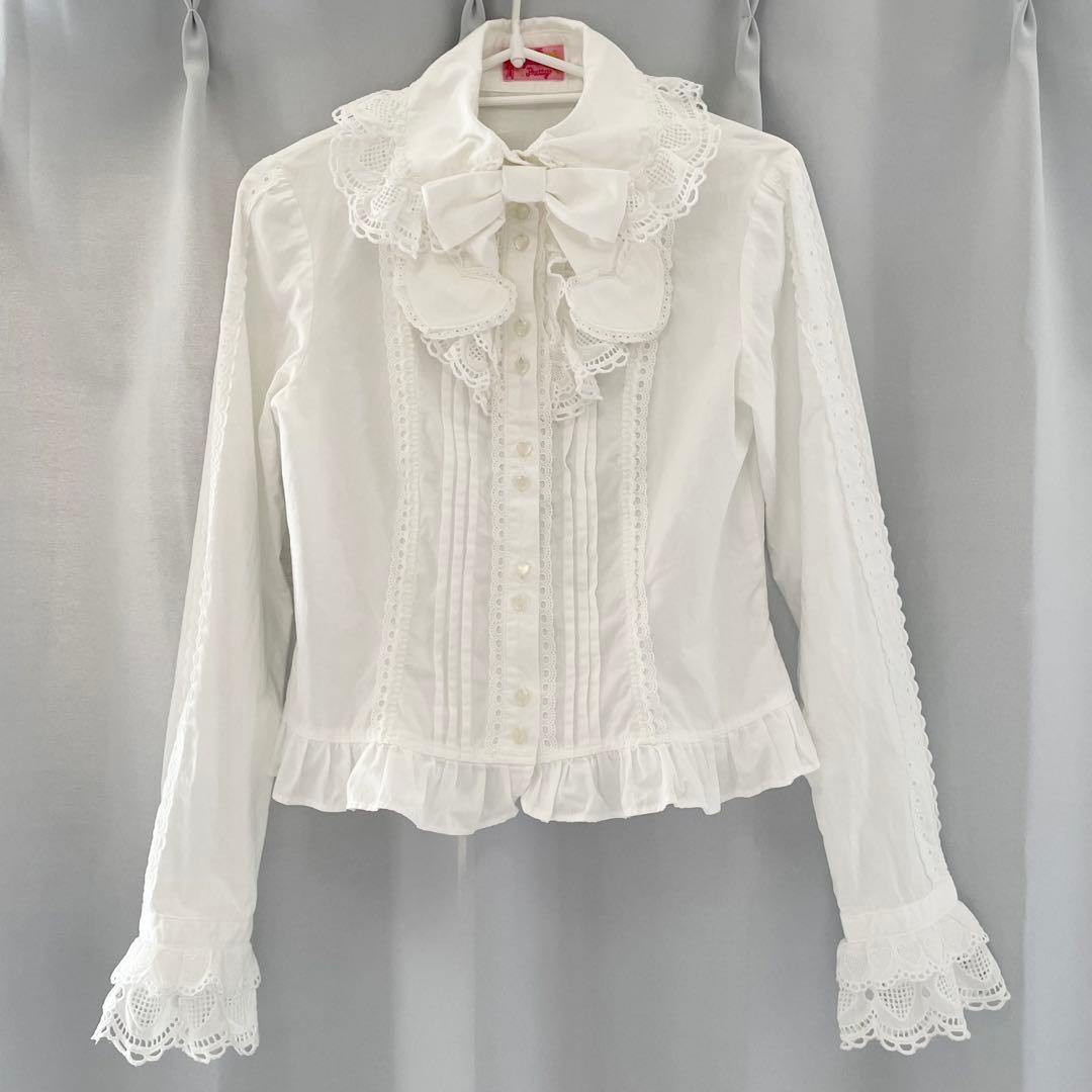 アンジェリックプリティ 長袖綿ハートレース リボンタイ付き ブラウス 白 難あり