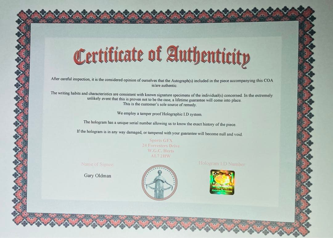 ハリー・ポッター ゲイリー・オールドマン 直筆サイン入り写真 保証書