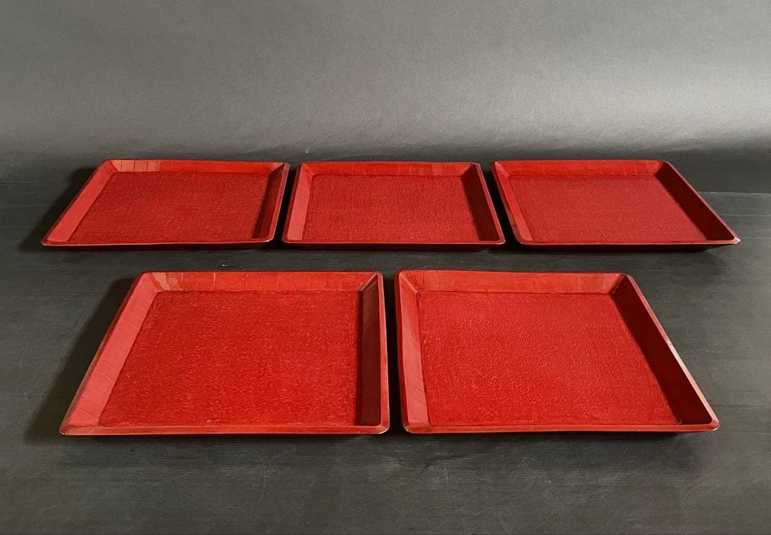 美品】「母」 讃岐彫 四方膳 5客 朱漆 讃岐膳 一枚板くり抜き （B