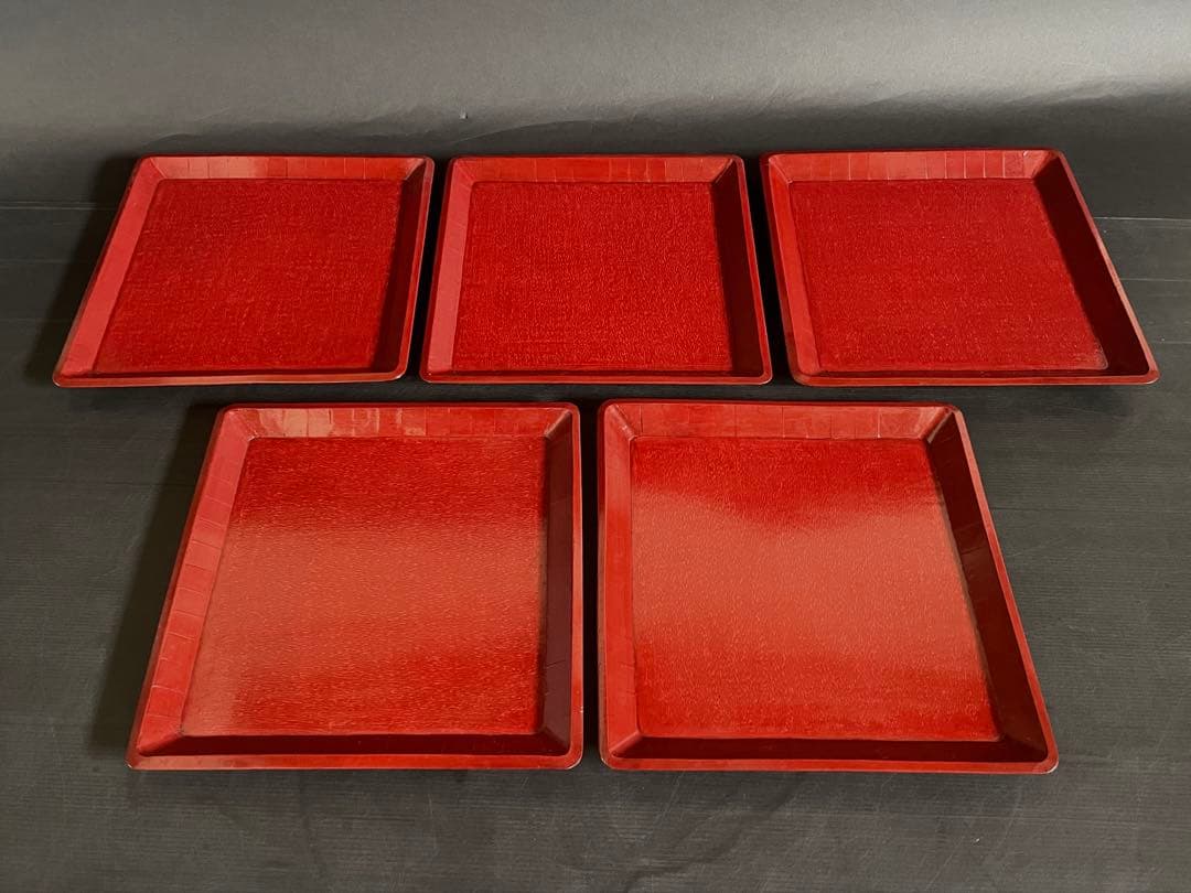 美品】「母」 讃岐彫 四方膳 5客 朱漆 讃岐膳 一枚板くり抜き （B