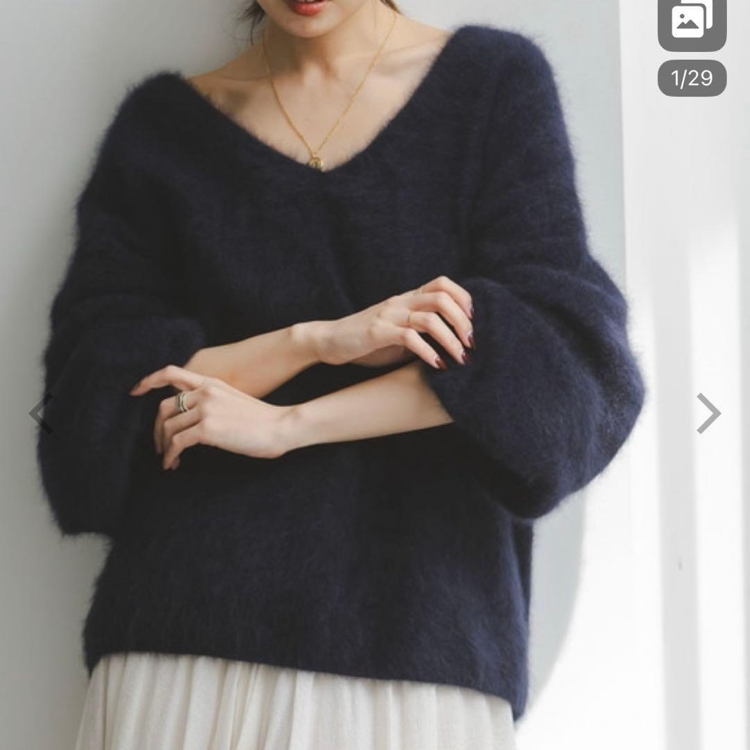 ネイビー Vネック ボリュームスリーブ ファーニット2WAYパフスリーブニット