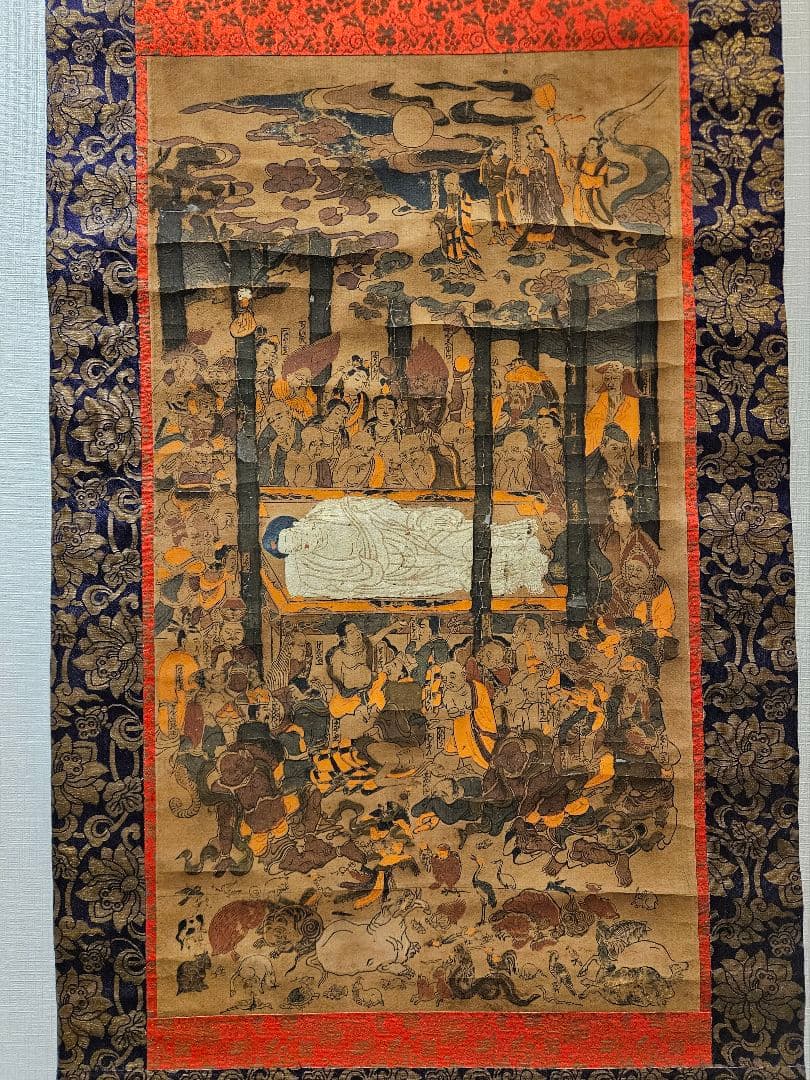釈迦仏画 涅槃図 肉筆 彩色 堆朱軸先 掛軸 付箱