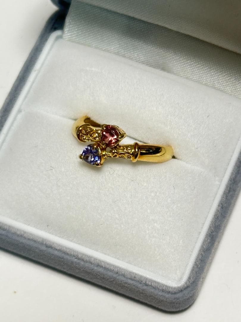 3.15g　K18　15号　タンザナイトとピンクトルマリンのハート　リング