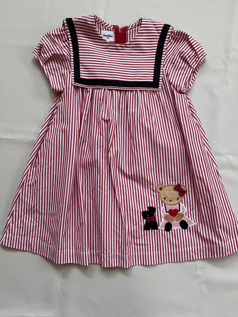 【美品】ファミリア　ストライプ セーラーワンピース 90