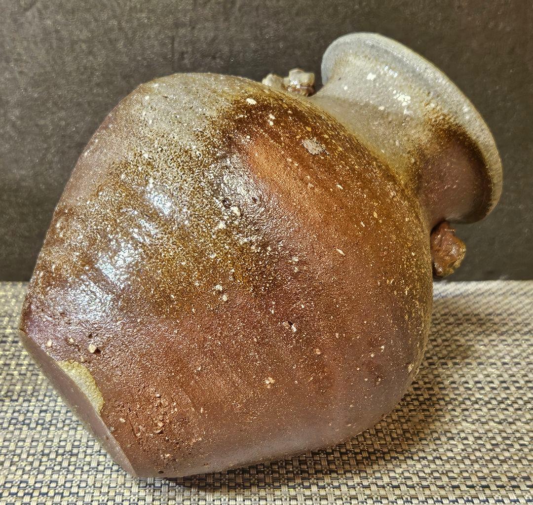 常滑焼 竹内嘉彦 作 南蛮手 櫛目双耳壺 共箱 共布 陶歴付 茶道具茶器