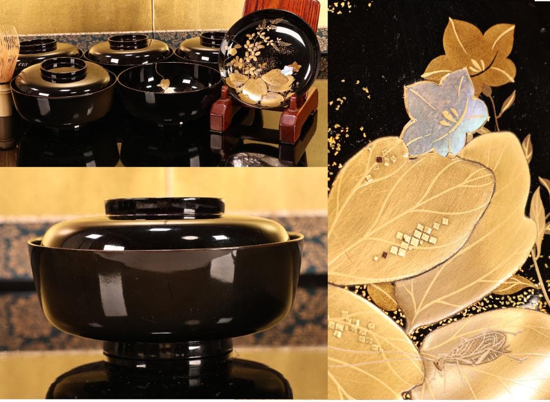 BK427　時代輪島塗　秋乃図金蒔絵　吸物椀　五客　木製　茶 懐石 菓子　螺鈿