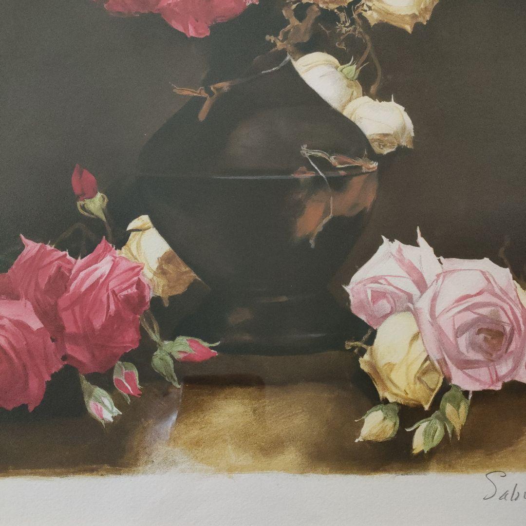 斎藤三郎 大判リトグラフ『薔薇』直筆サイン入、ウコン布&共箱付
