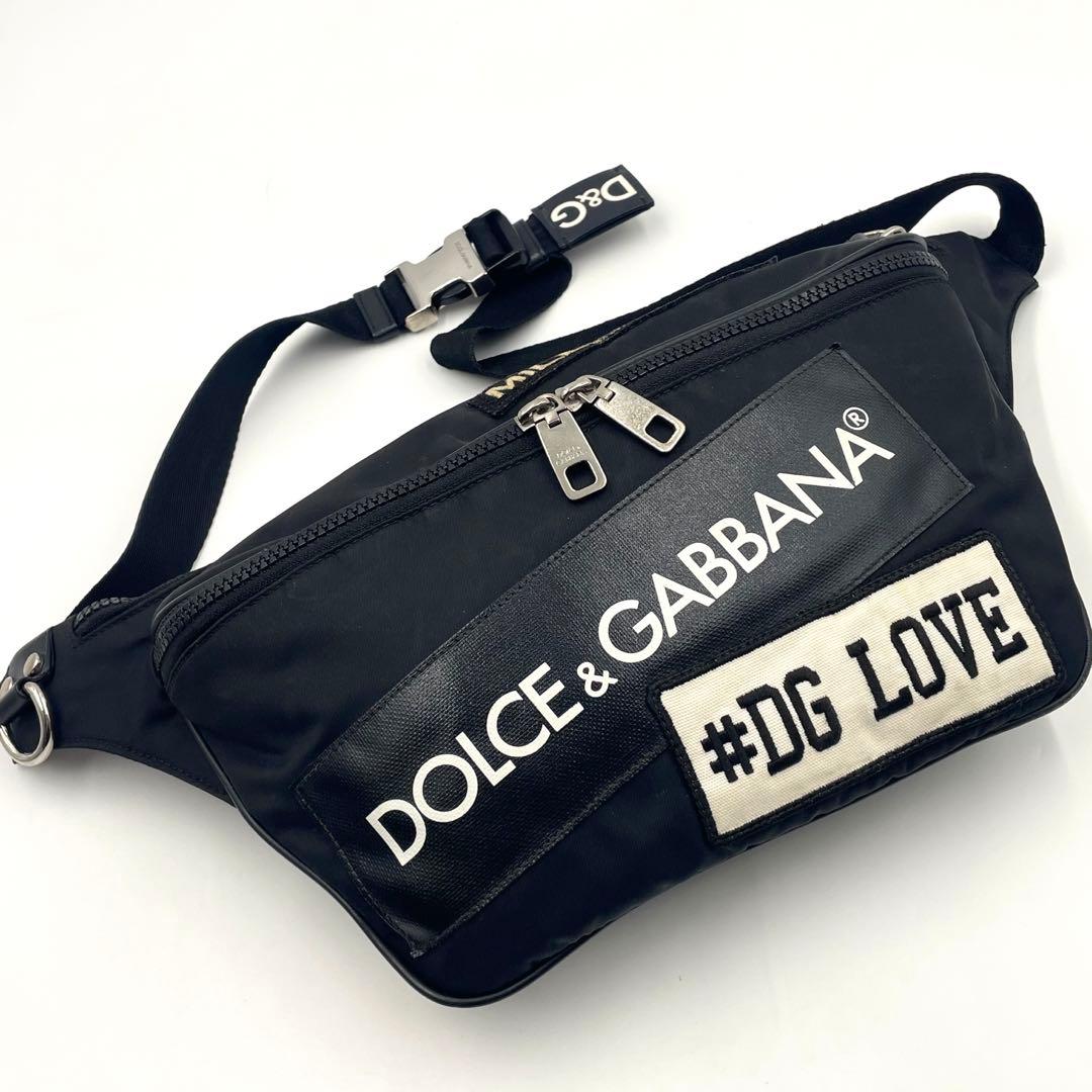 【美品】DOLCE&GABBANA ロゴプリント ベルトバッグ クロスボディ黒