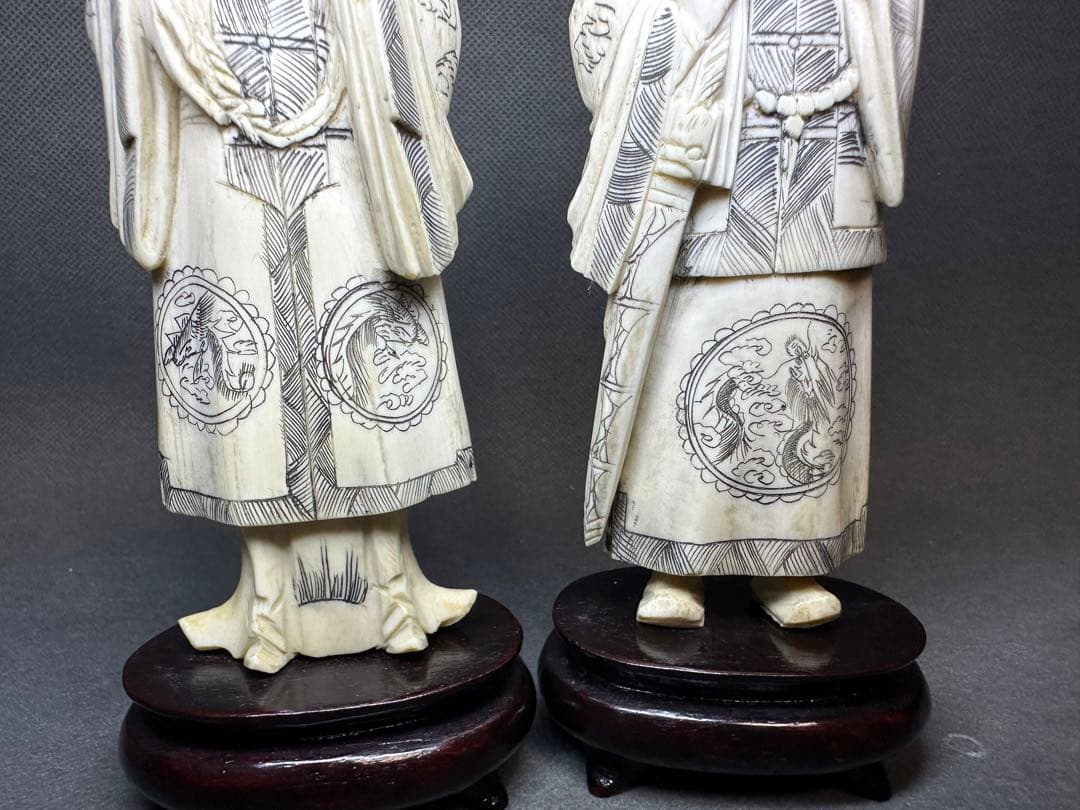 極上 中国美術 置物 唐物骨（皇帝皇后） 細密細工 天然素材 骨董