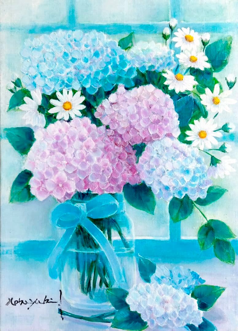 油絵 ガラス瓶に紫陽花 F４ 洋画家 池畠史幸 新作.肉筆画