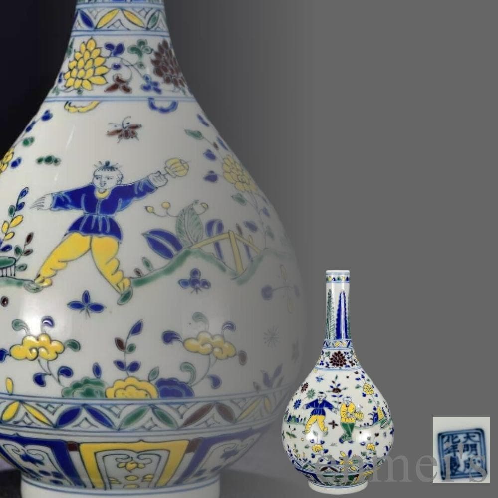 中国古美術・珍品・大明成化紋・闘彩嬰戯図胆瓶・花瓶・唐物・古陶磁器・古玩・古賞物