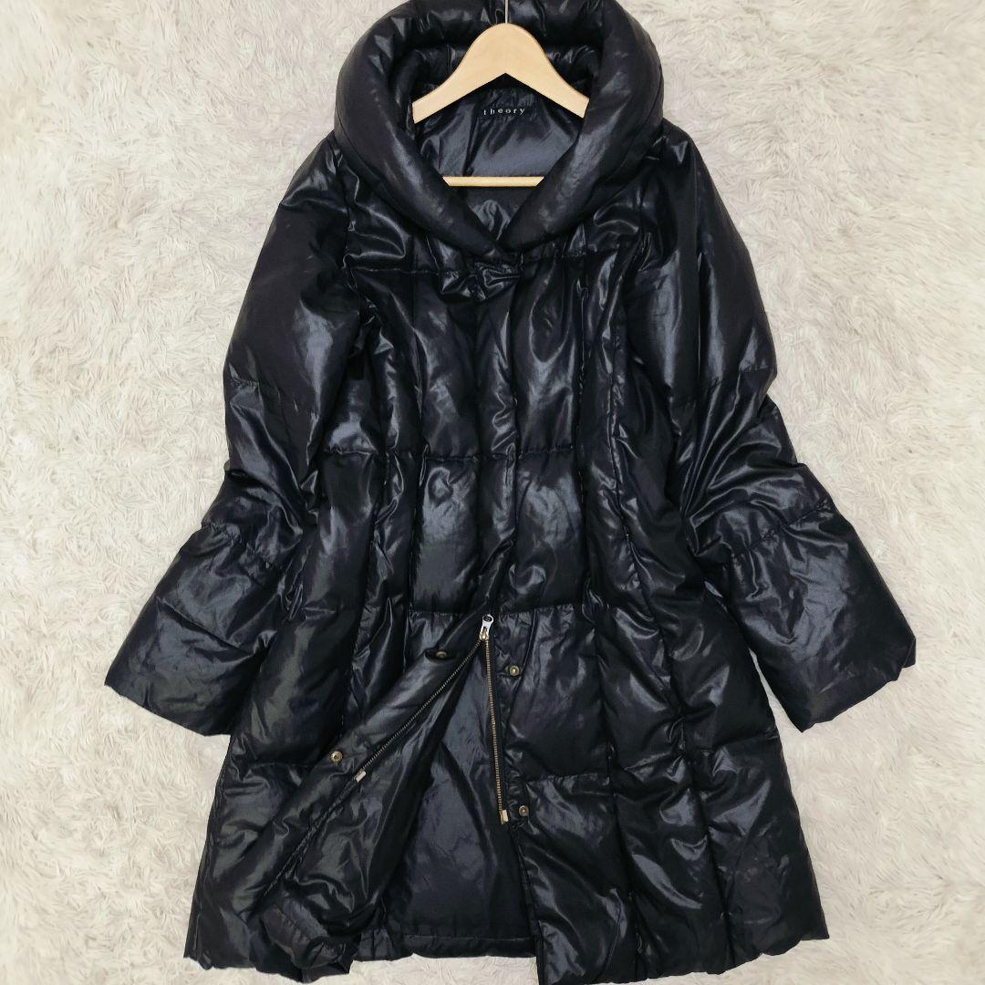 Theory ダウンコート 40 黒 ショールカラー フード収納可 ダブルジップ