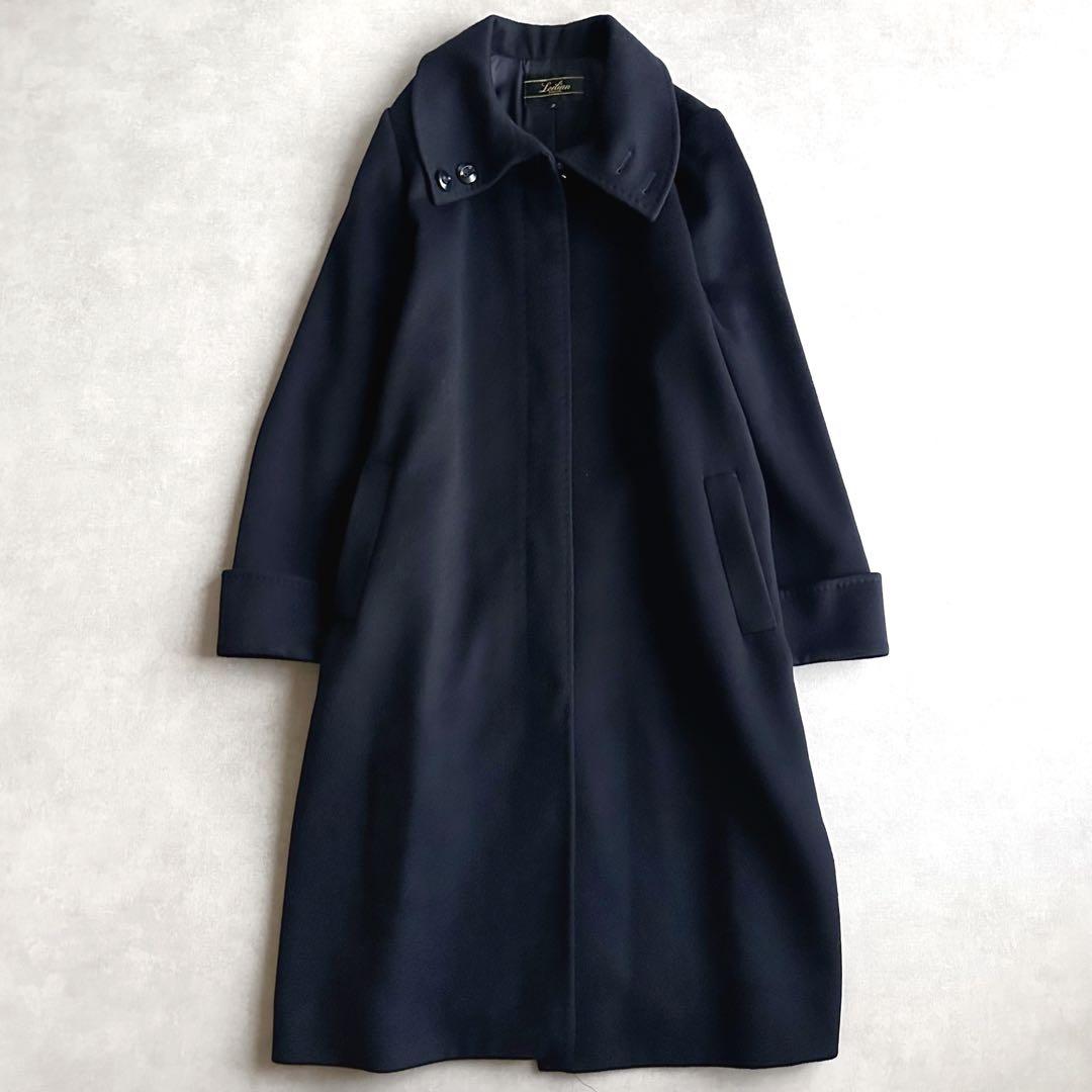 美品△レリアン Leilian/カシミヤ100%ロングコート△ネイビー ゆったり