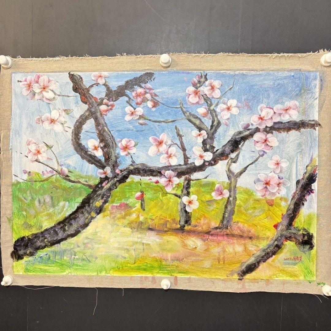 手描き 水彩油画 花木図 周春芽 作品図 中国絵画 約70×100cm 未表装