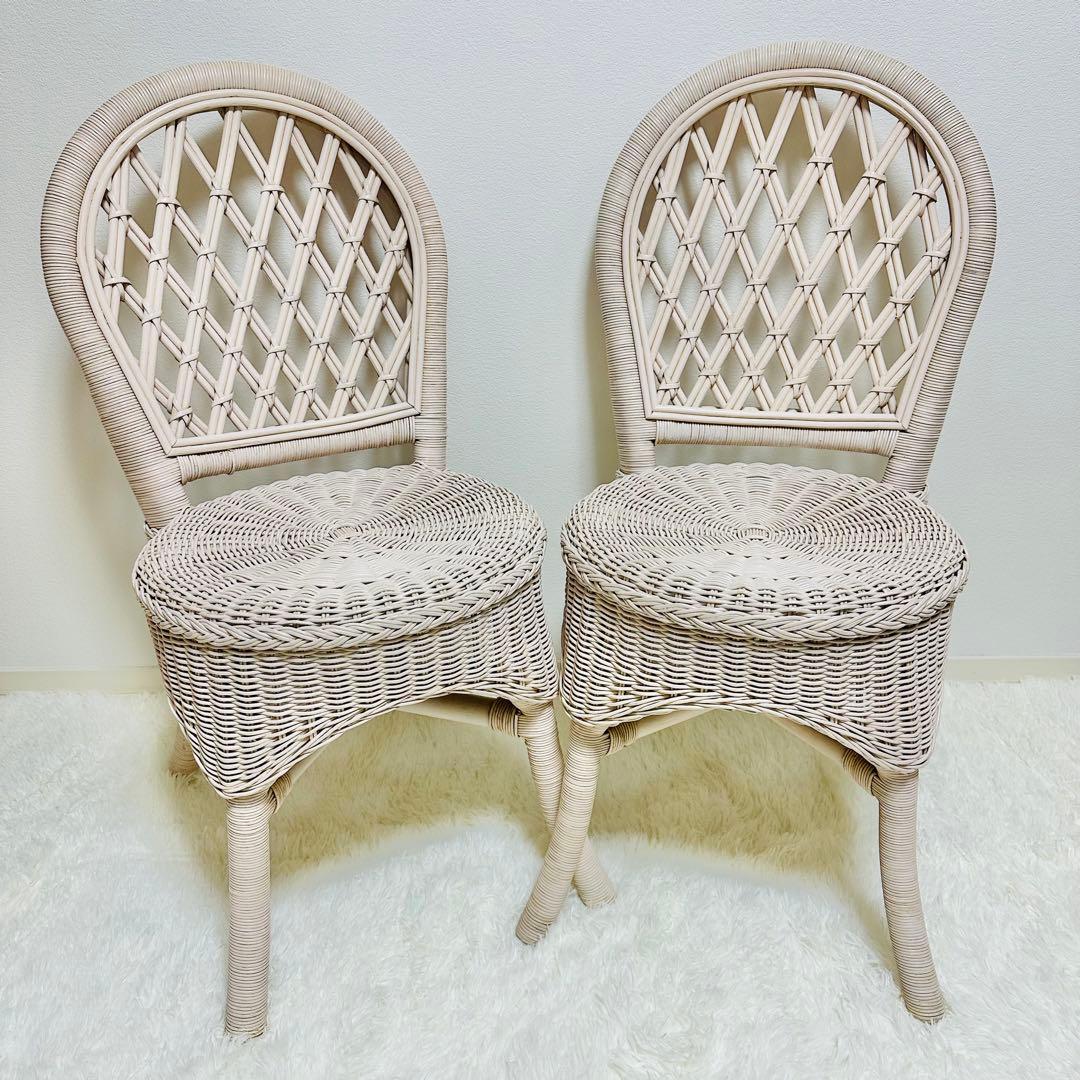 ラタン 籐 ホワイトラタン アンティーク 椅子 チェア 2脚セット