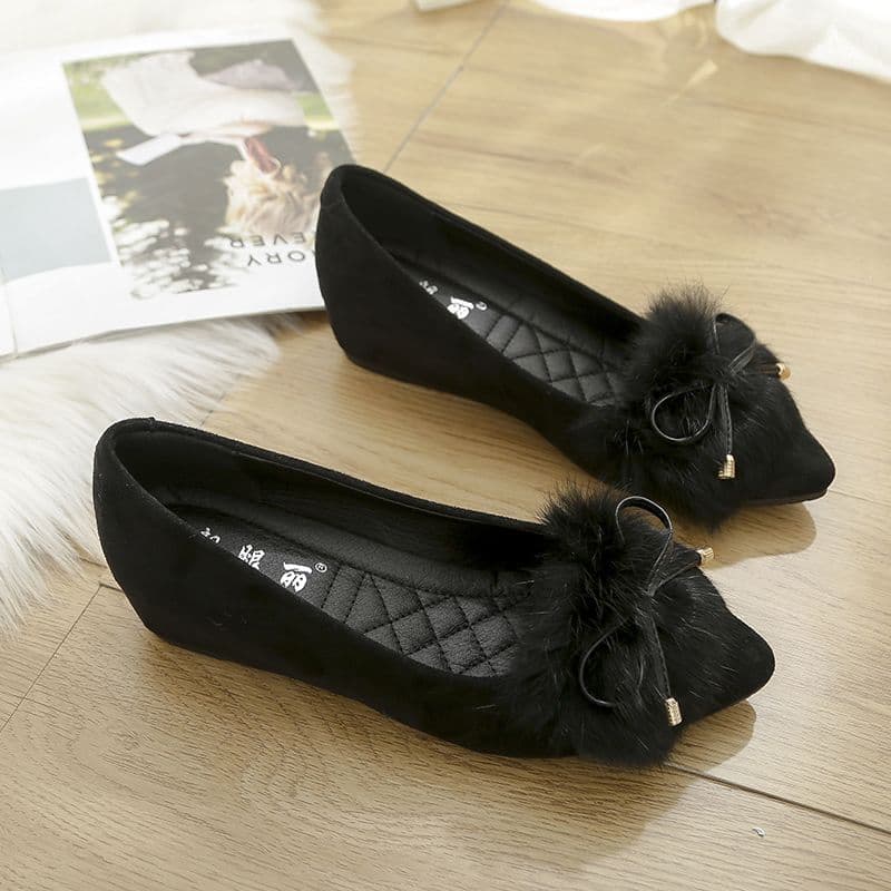ファー付きリボンデザイン黒フラットシューズ デューリリー Dewlily リボンフラットシューズ レディース 10代 20代
