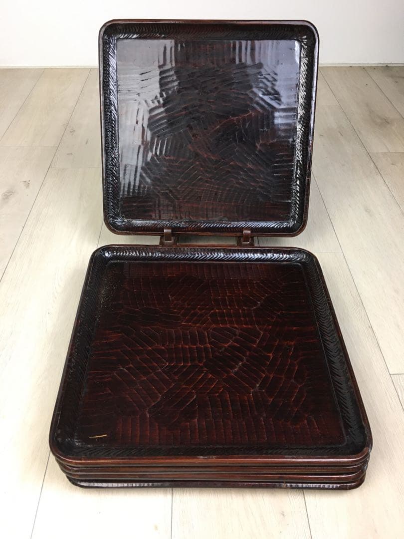 S236讃岐彫 四方盆 くり抜き盆 5客揃 懐石膳・茶懐石