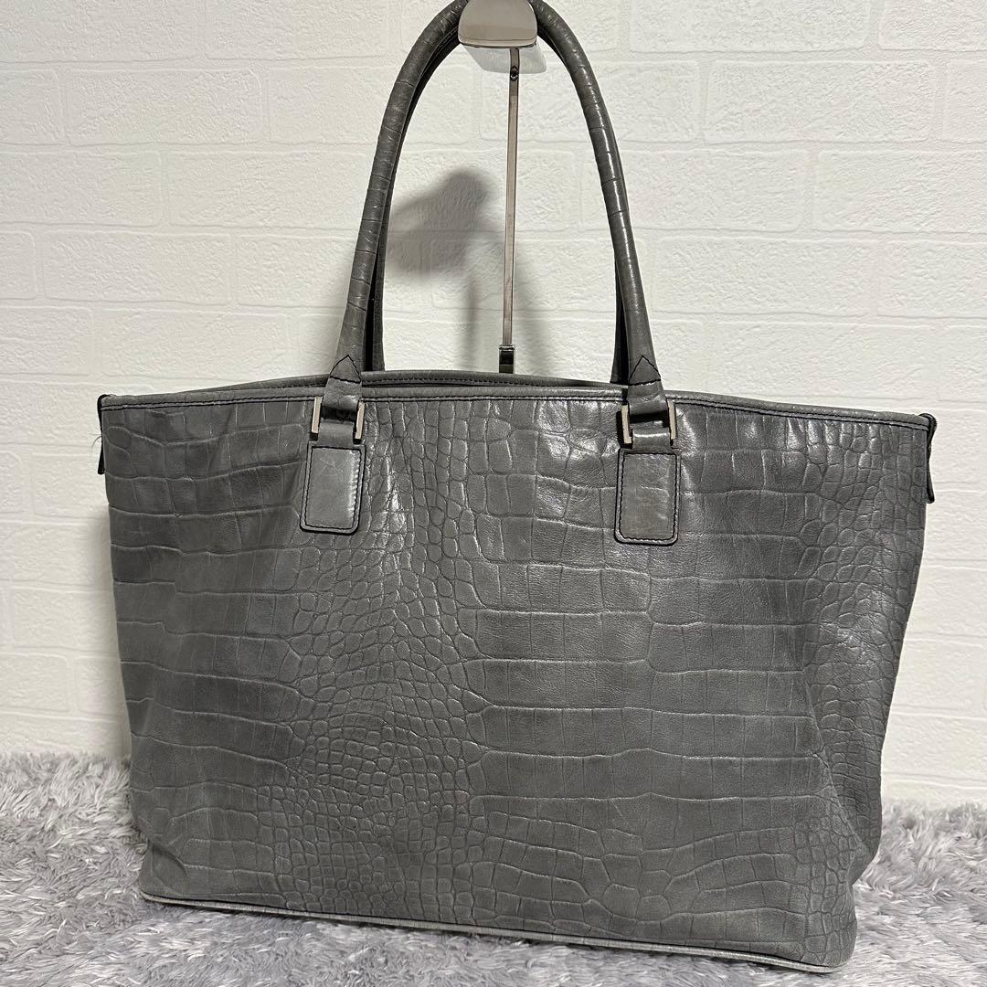 希少　PYLOOT クロコ型押しレザートートバッグ　グレー　大容量　イタリア製