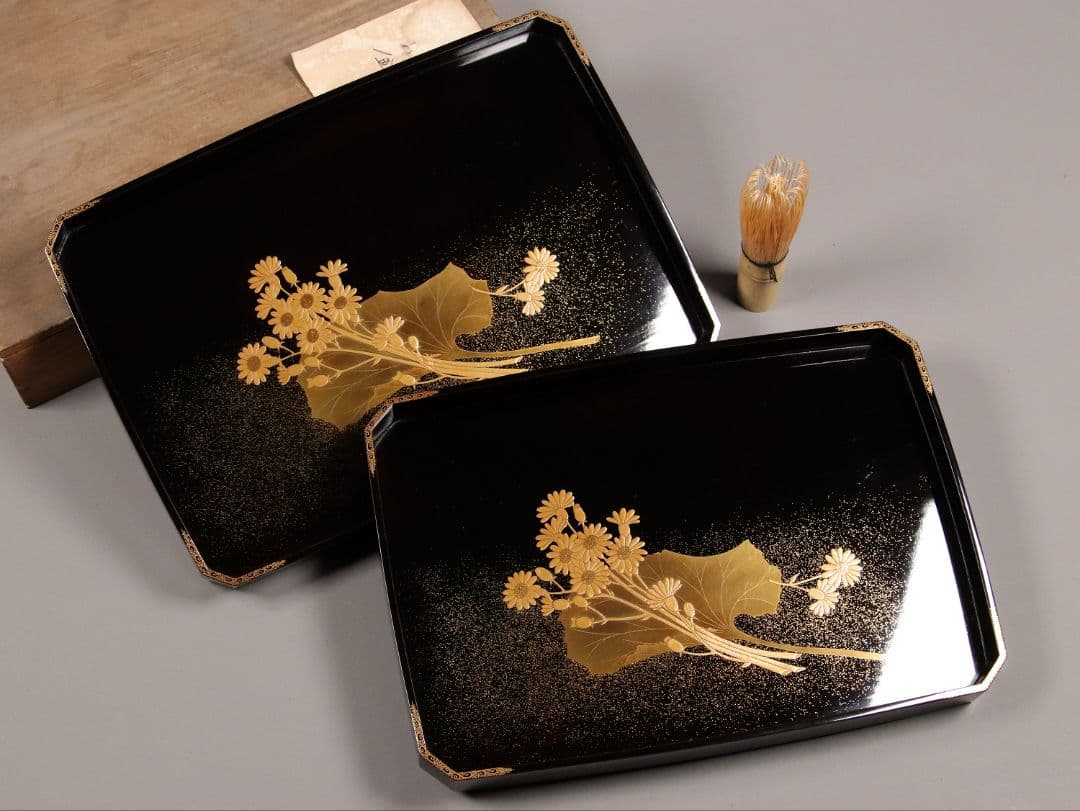 MA6 木製漆器 草花金蒔絵 黒塗 長方盆 大小一組 木箱入 切金 梨地 菊 CH34 極上輪島塗 四君子金蒔絵 黒塗椀 五客 木製漆器 梨地研出切金細密