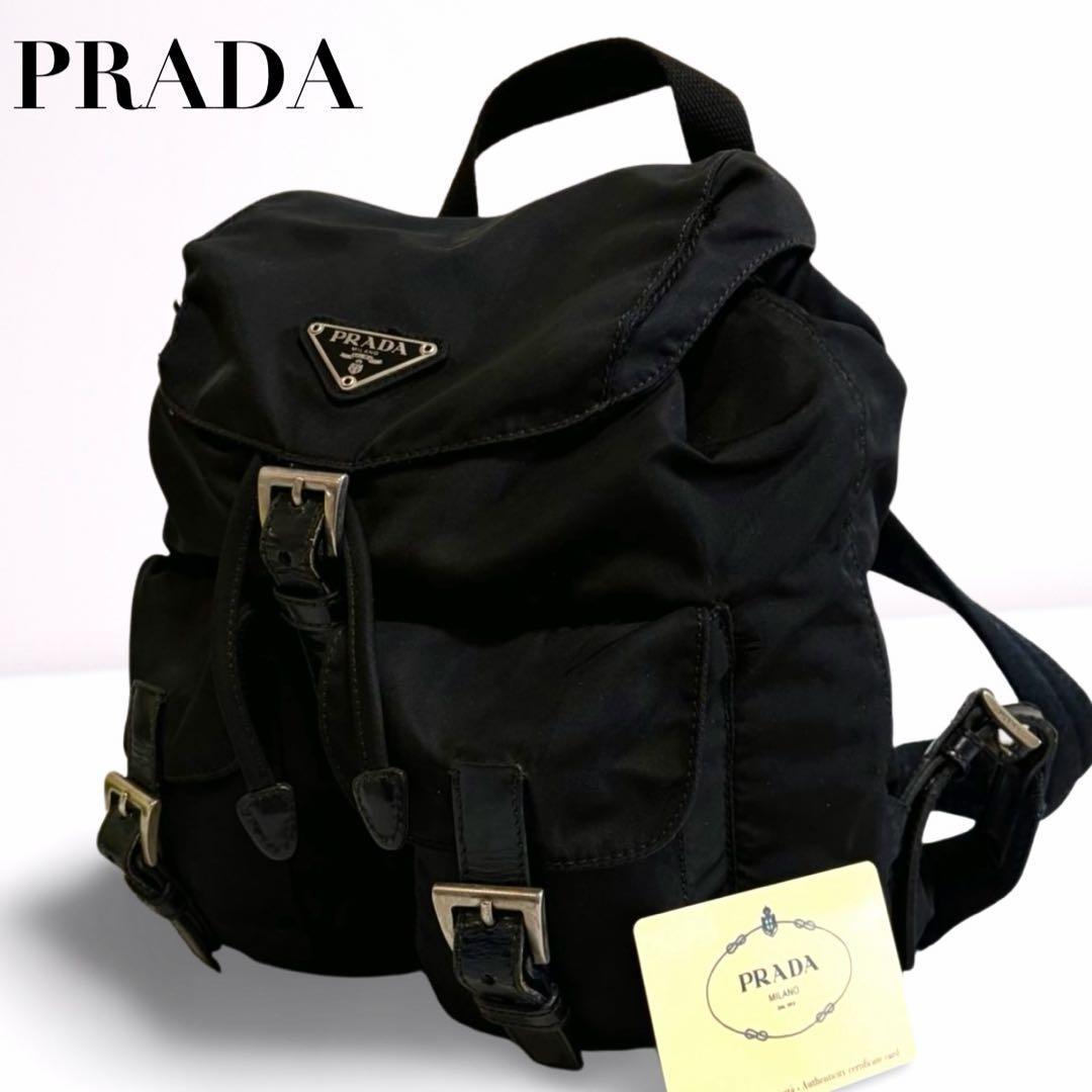 【正規品】プラダ PRADA ナイロン ミニリュック 黒 三角ロゴ カード付き PRADA*ミニポーチ付きトライアングルロゴナイロンリュックサック