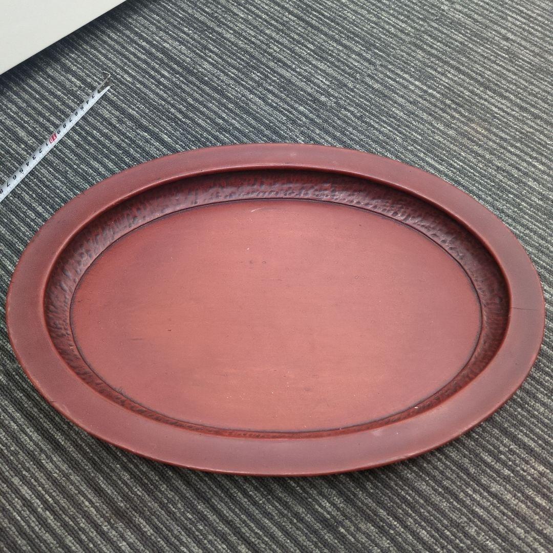 古民芸　讃岐塗り？大きくてとても美しい朱色の楕円形漆器の盆、波状の縁取りが特徴。