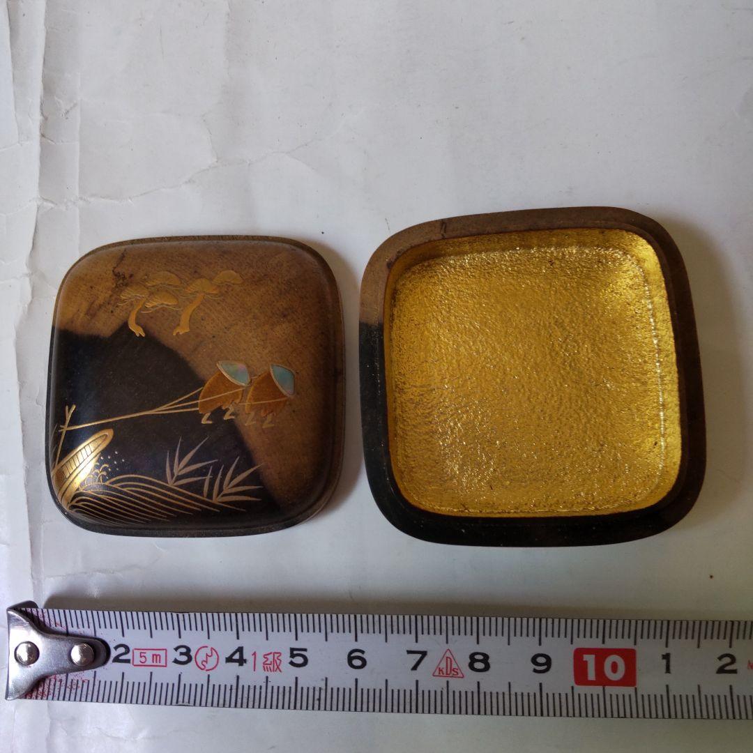 山中塗 蒔絵師 道場宗廣 作 黒柿 四方香合 曳舟 共箱 螺鈿細工 漆器