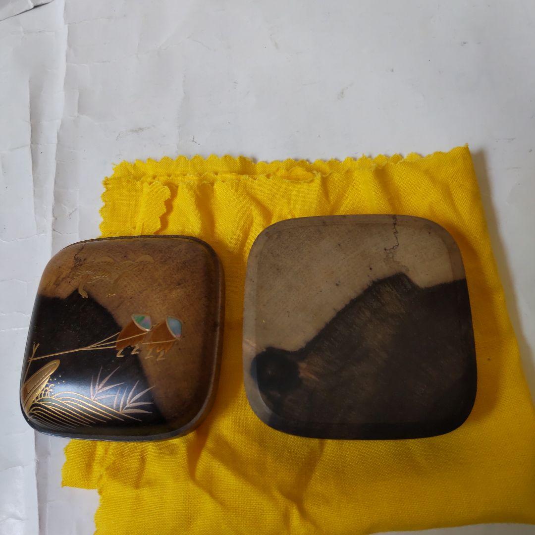 山中塗 蒔絵師 道場宗廣 作 黒柿 四方香合 曳舟 共箱 螺鈿細工 漆器